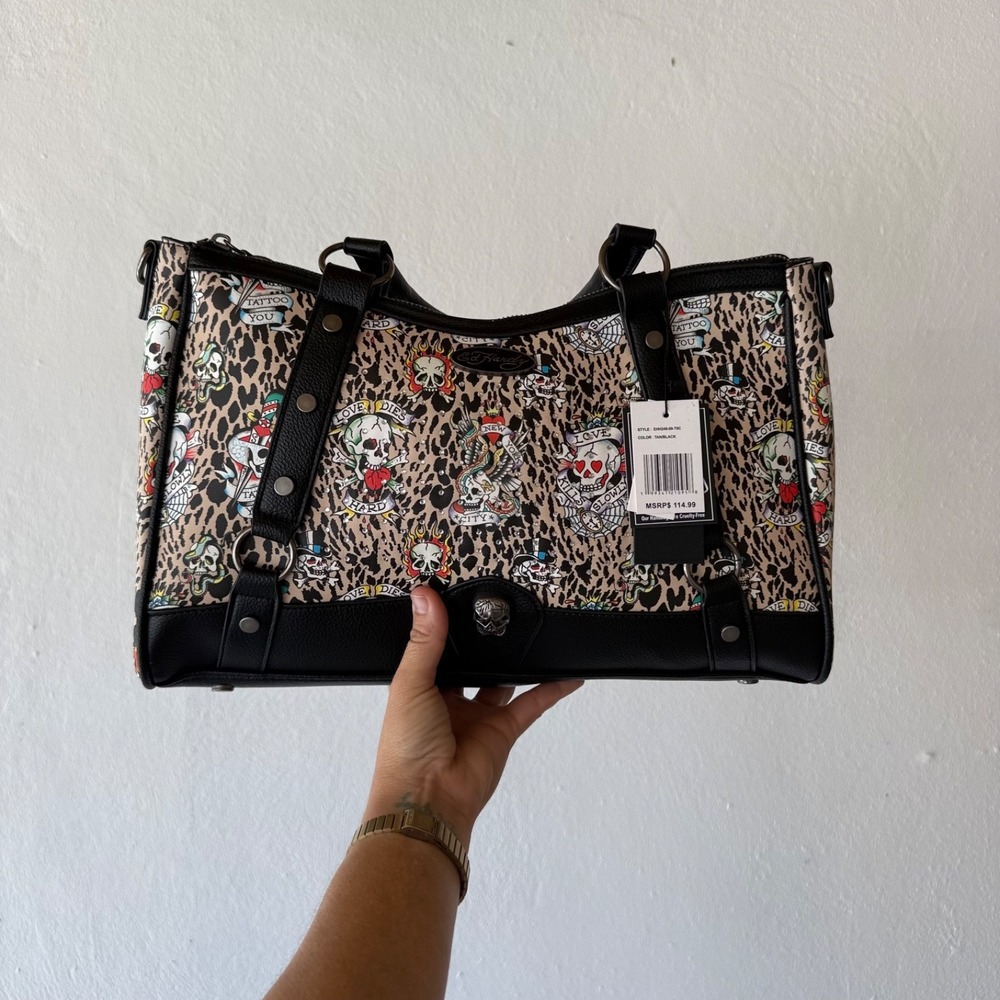 Ed Hardy LARGE Satchel Bag Leopard Skull Tattoo Print NWT Crossbody